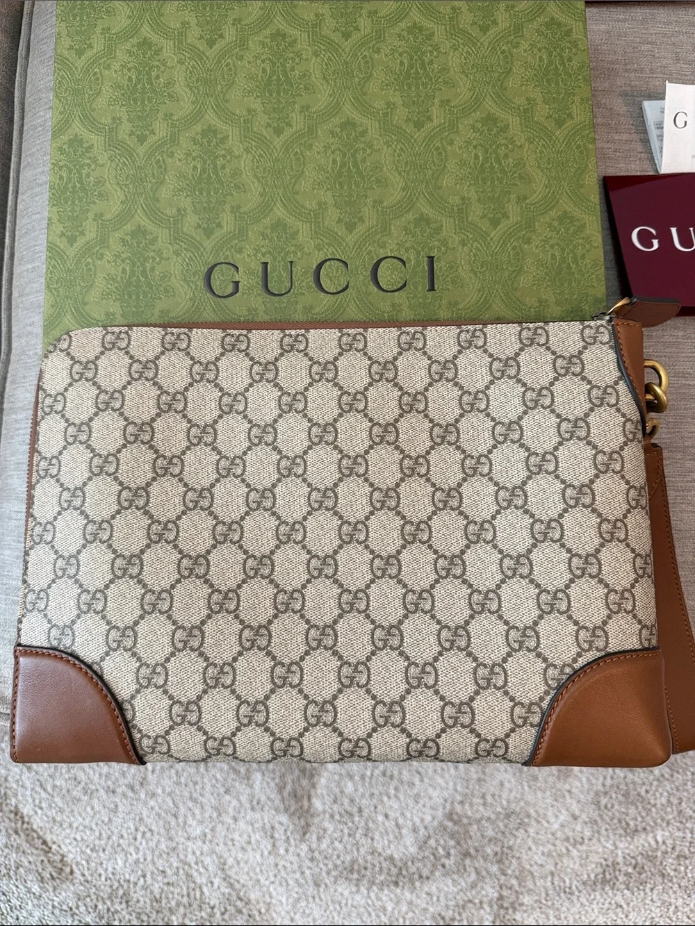Gucci Beige GG Supreme Canvas Crossbody with Brown Leather Trim